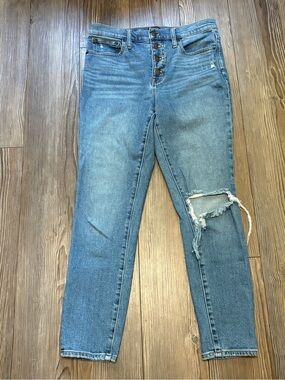 J.Crew 10" High Rise Skinny Jeans 27 Blue Ripped Knee Button Fly Alternative